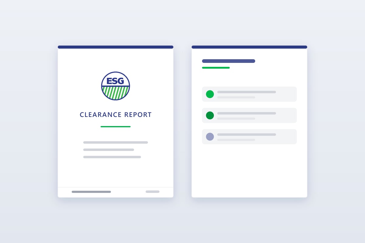 Illustration of an ESG clearance report: the cover page beside a recommendations page
