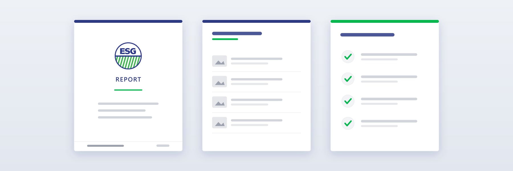 Illustration of ESG documentation: a report cover, a findings page and a credentials page