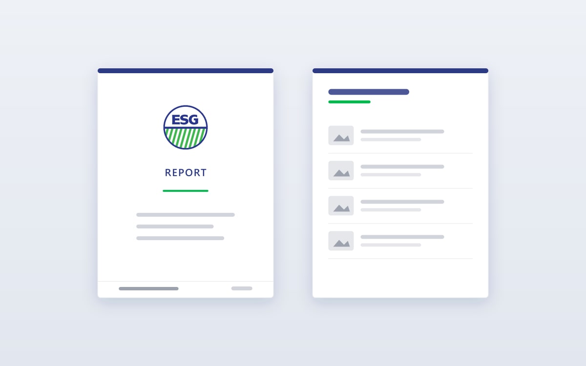 Illustration of an ESG report: the cover page beside a findings page