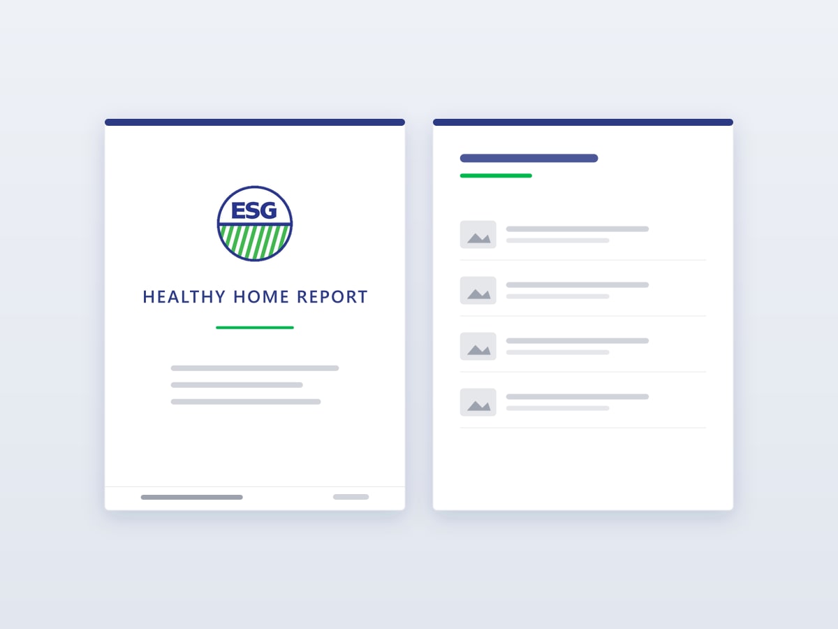 Illustration of an ESG Healthy Home assessment report: the cover page beside a findings page