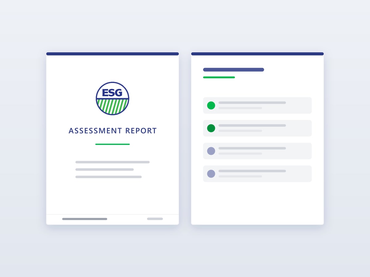 Illustration of an ESG assessment report: the cover page beside a page of prioritized recommendations