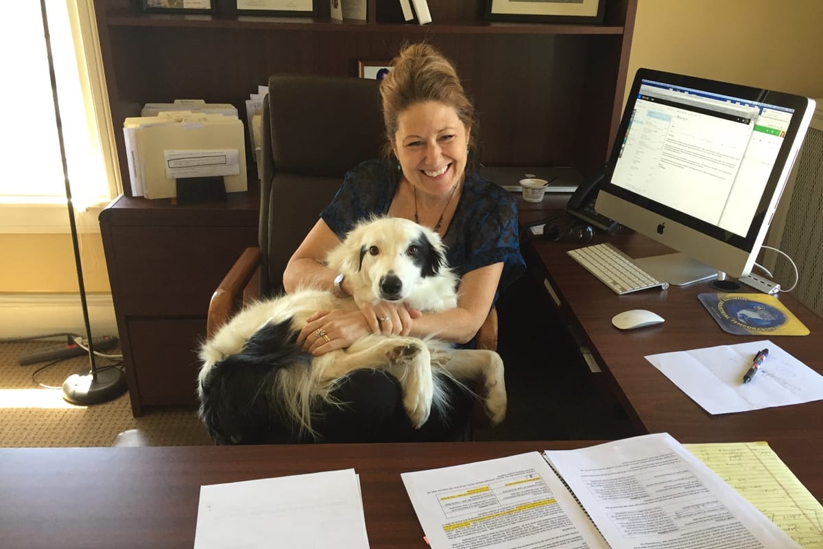 An ESG team member at her desk with the office dog